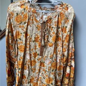 Floral Long Sleeve Blouse with Orange and Cream Design